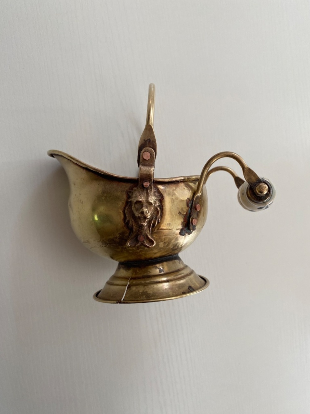 Antique Hand Crafted Mini Pitcher With Lion Heads & Blue White Painted Handle - Picture 10 of 14